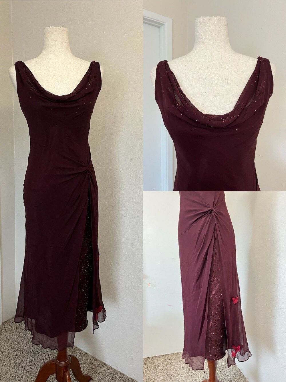 Y2K Burgundy 100% Silk Butterfly Beaded Floral Dress Cow Neckline Sz 2 Gyaru